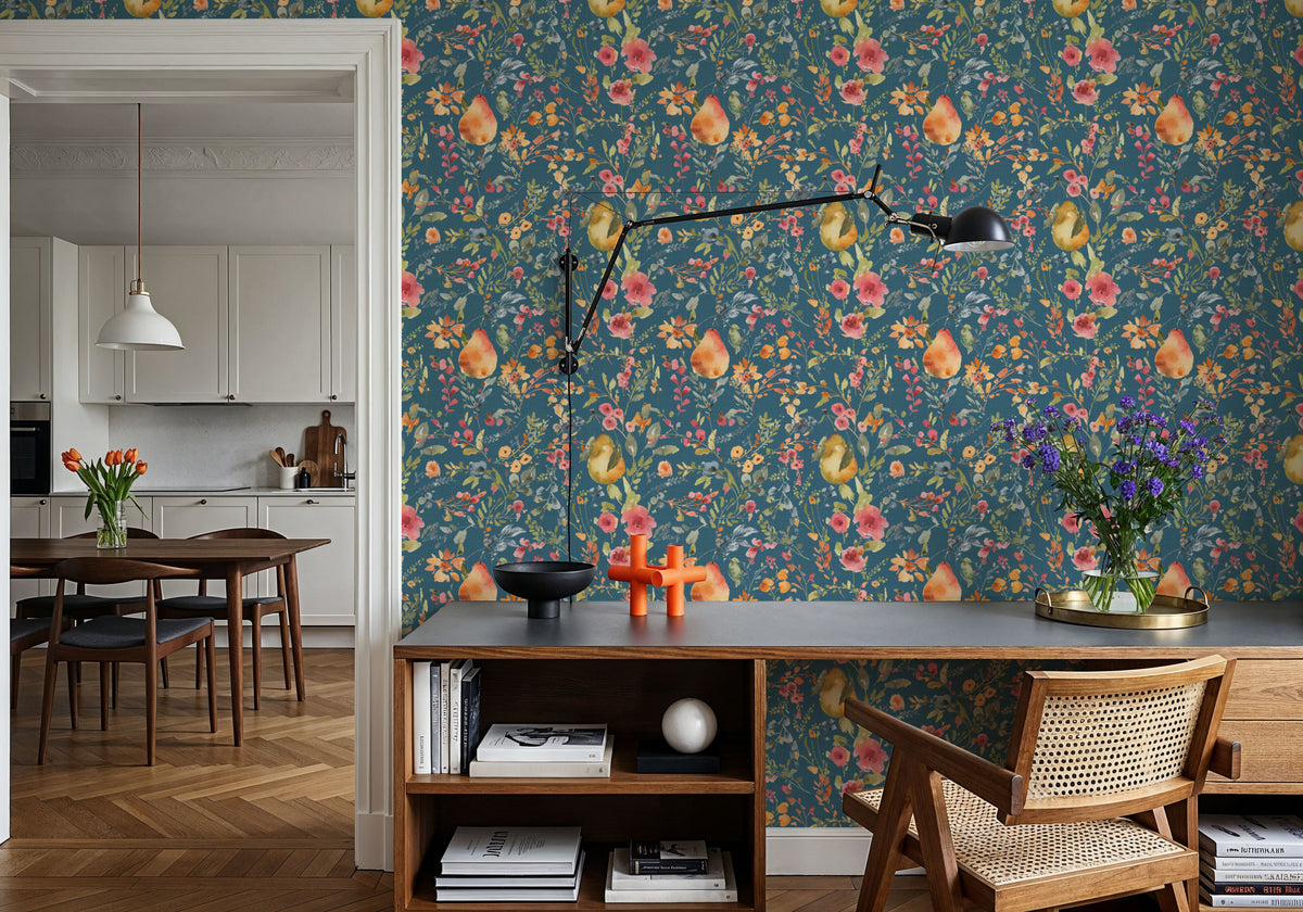 Time to Share Flowers and Pears Blue Mural Wallpaper - room preview 06