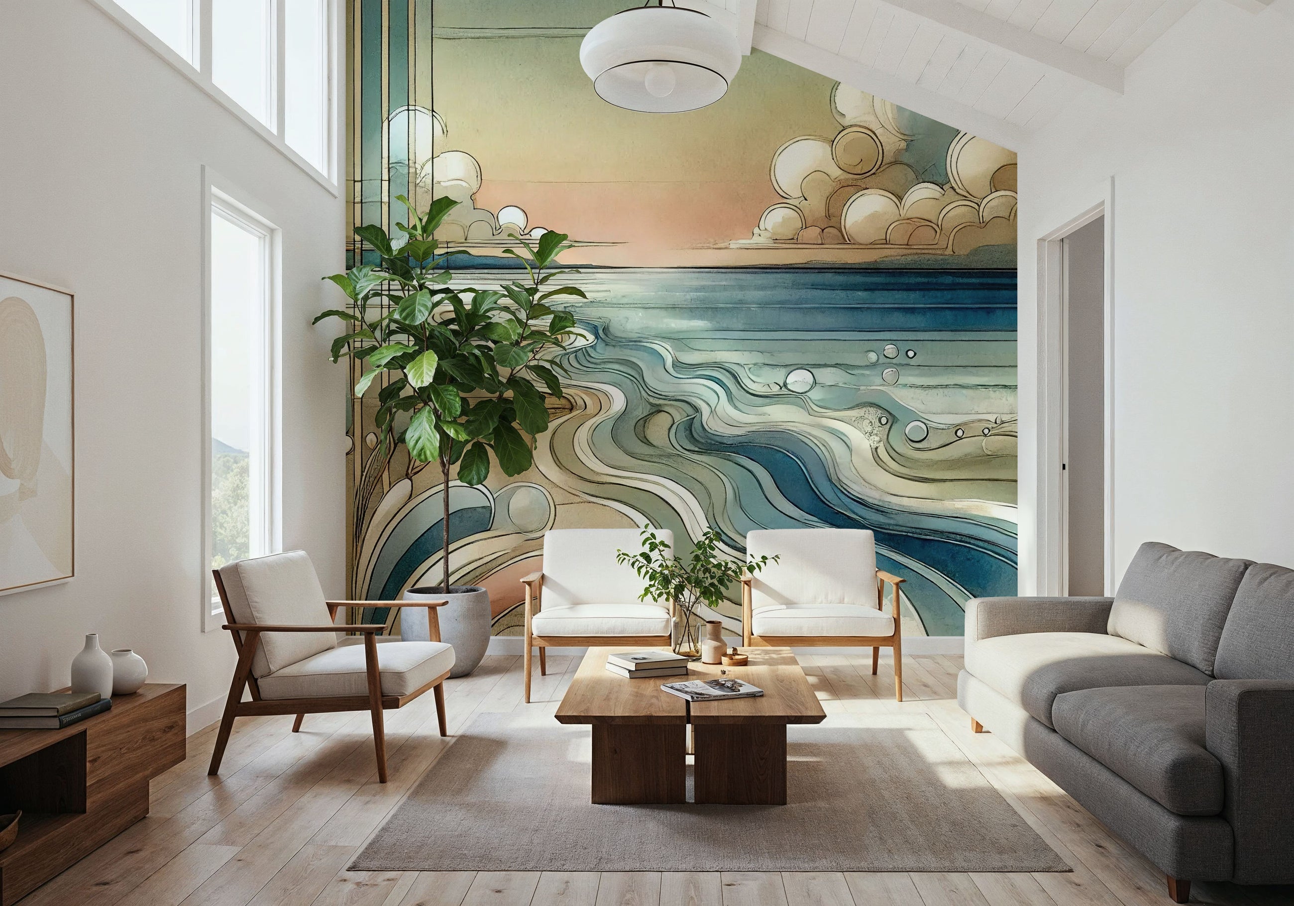Abstract Coastal Dusk in Art Deco Mural Wallpaper