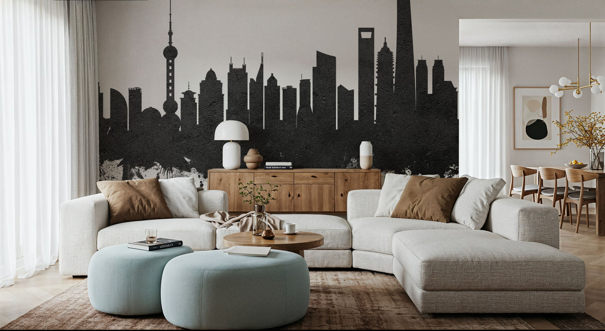 Shanghai China Skyline Black & White Mural Wallpaper - room preview 06