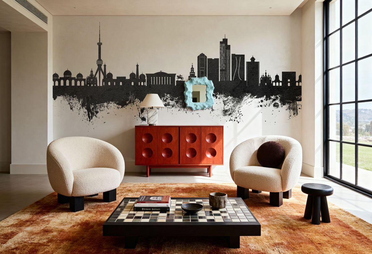 Tashkent Uzbekistan Skyline Black & White Mural Wallpaper - room preview 06