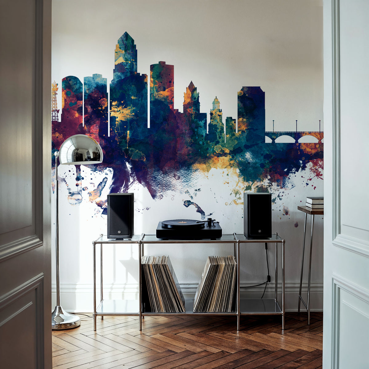 Des Moines Iowa Skyline Blue & Bronze Mural Wallpaper - room preview 06