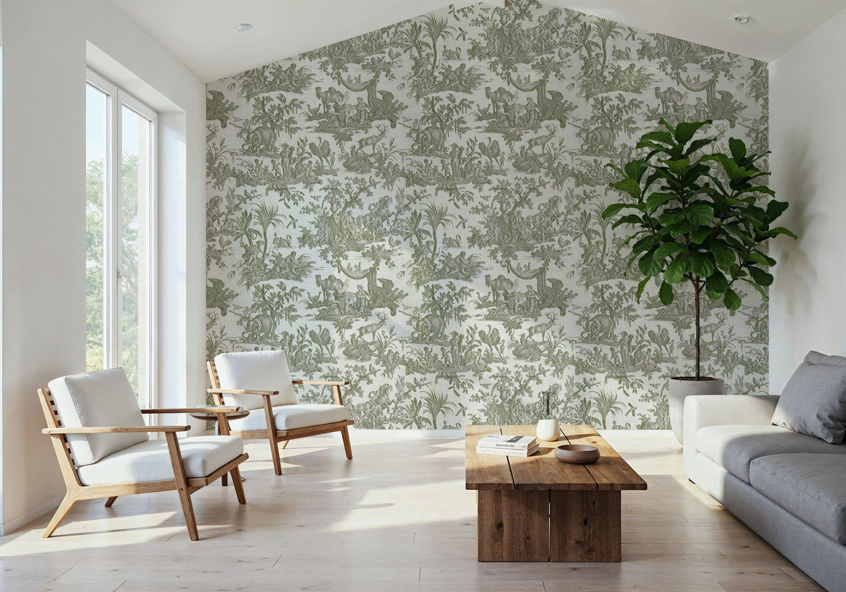 Patinated Linen Toile De Jouy, Olive Mural Wallpaper - room preview 06