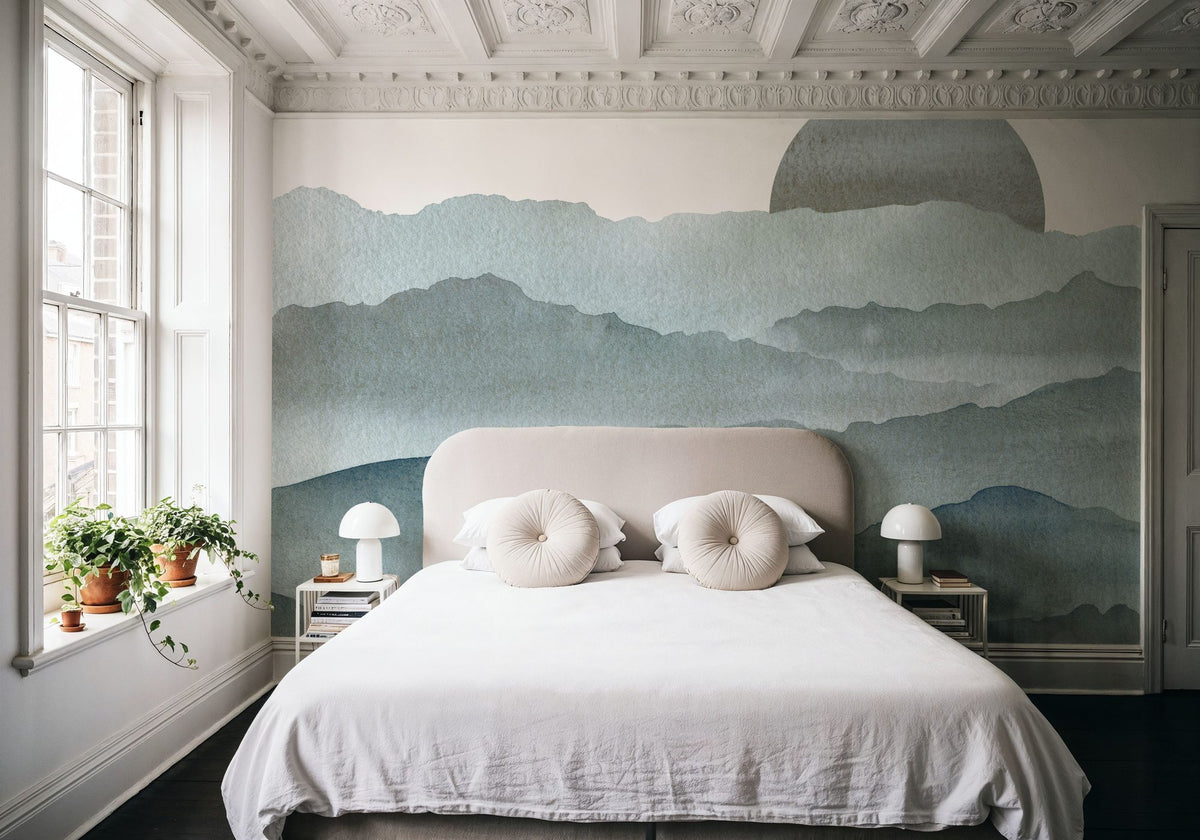Sunrise Mountain View, Teal Mural Wallpaper - room preview 06
