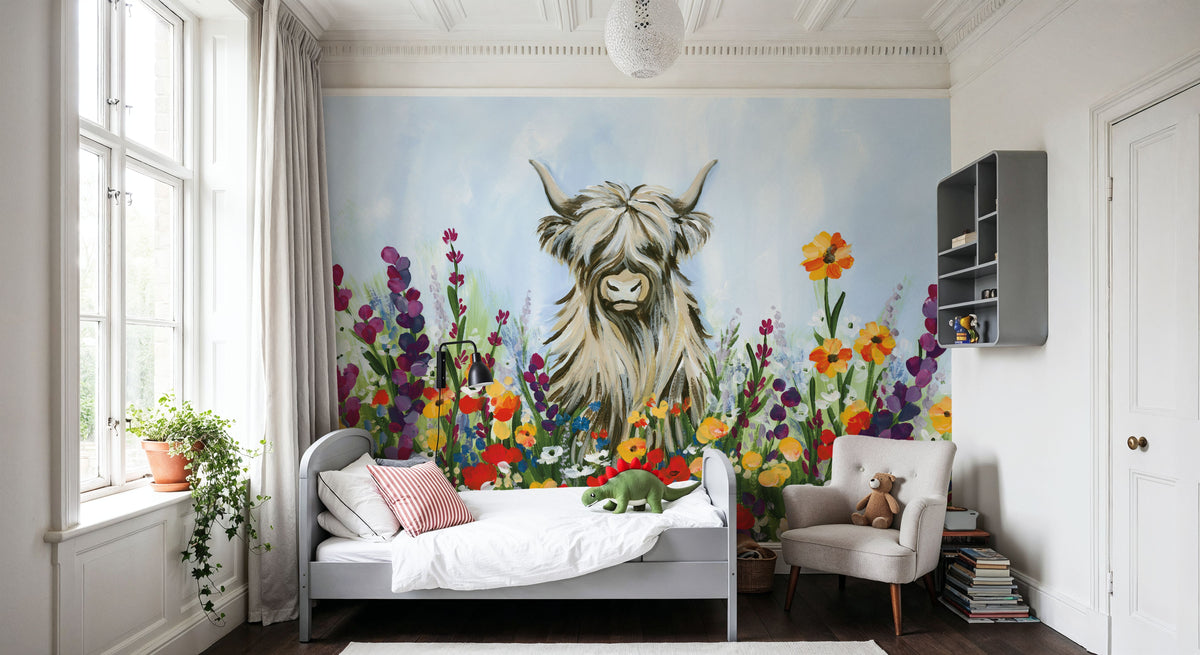 Longhorn in Spring Flowers Mural Wallpaper - room preview 06