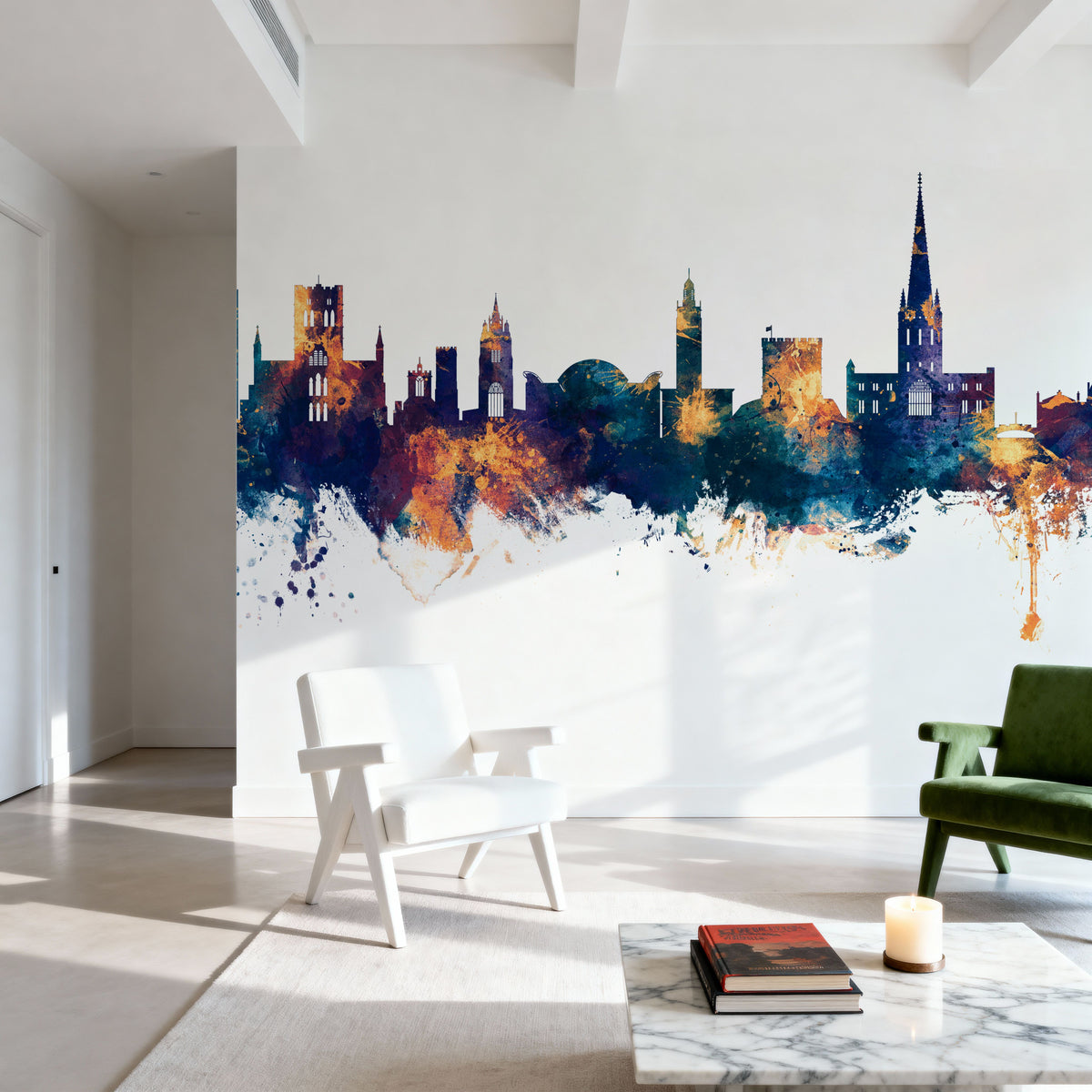 Norwich England Skyline Blue & Bronze Mural Wallpaper - room preview 06