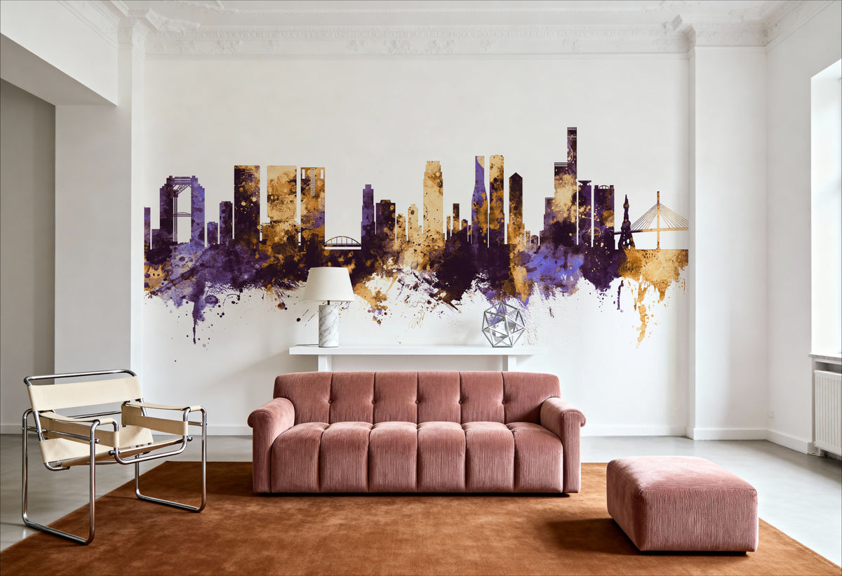 Osaka Skyline Purple & Gold Mural Wallpaper - room preview 06