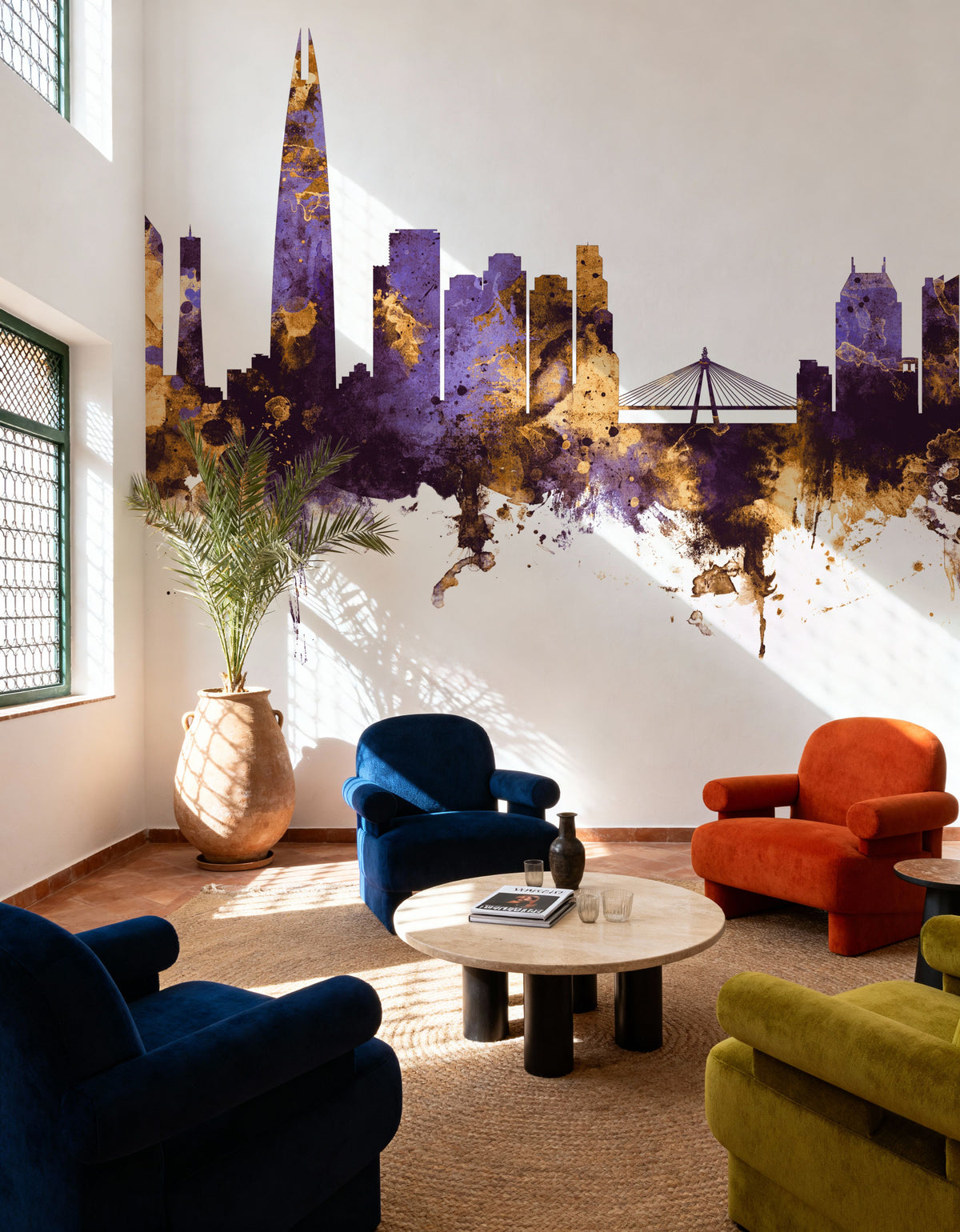 Seoul Skyline Purple & Gold Mural Wallpaper - room preview 06