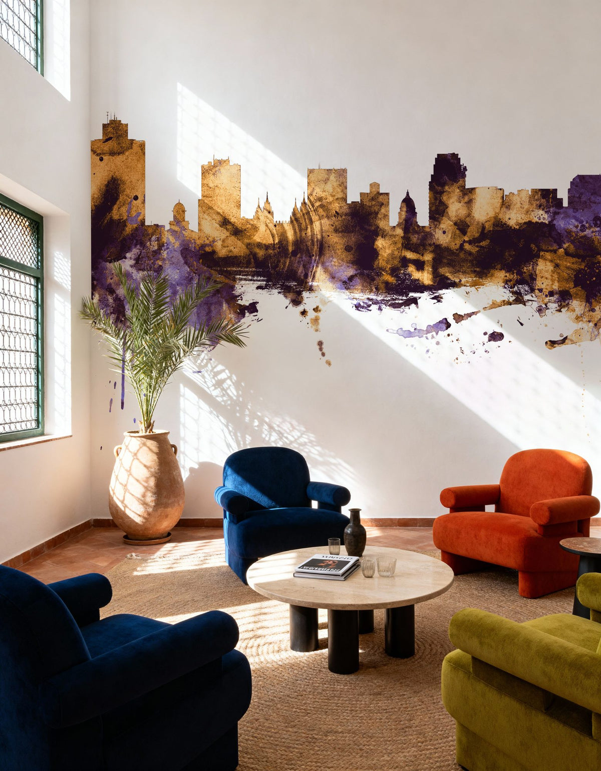 Salt Lake City Utah Skyline Purple & Gold Mural Wallpaper - room preview 06