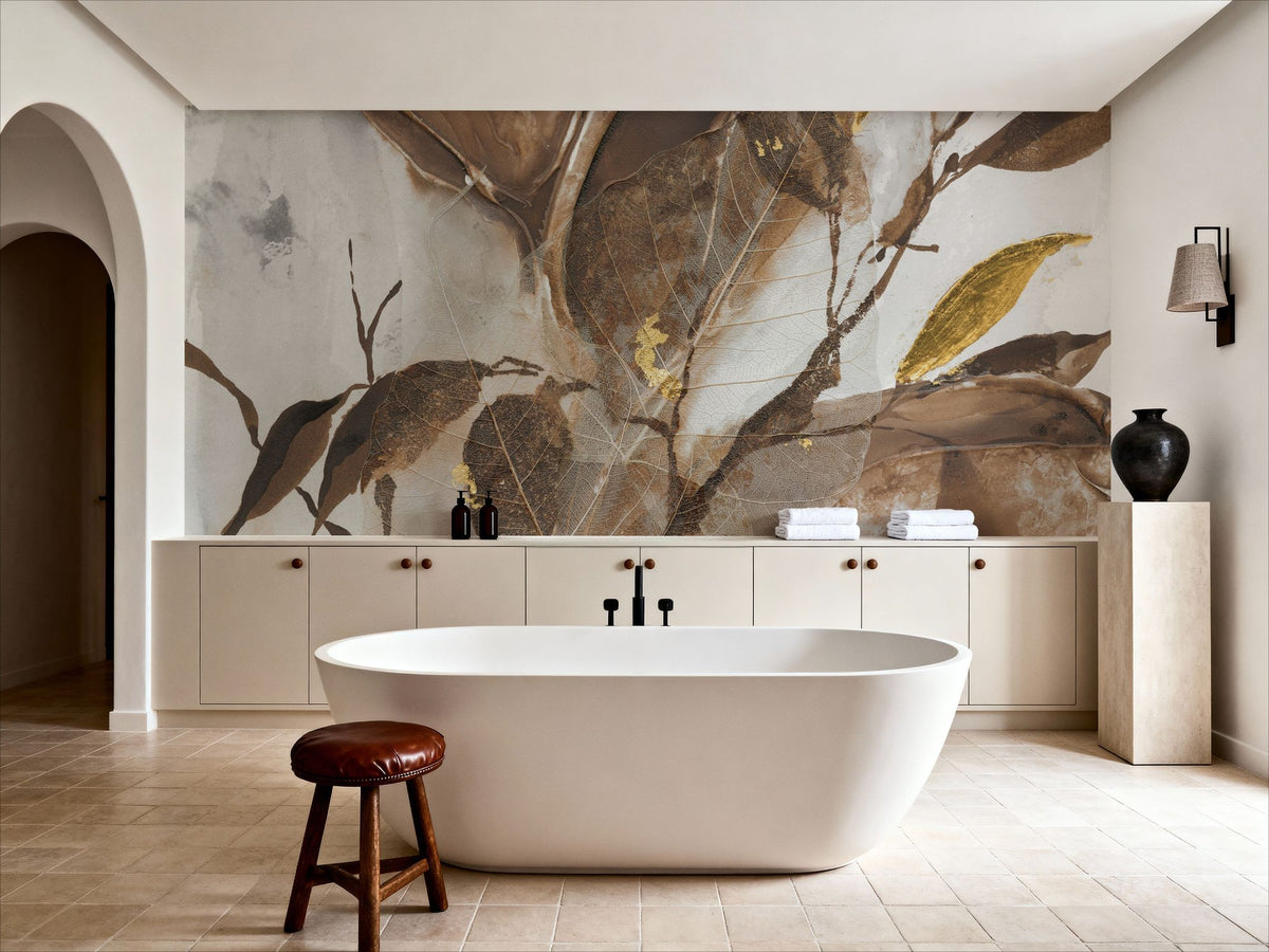 Gilded Leaf Collage I Mural Wallpaper - Warm Tone - room preview 06