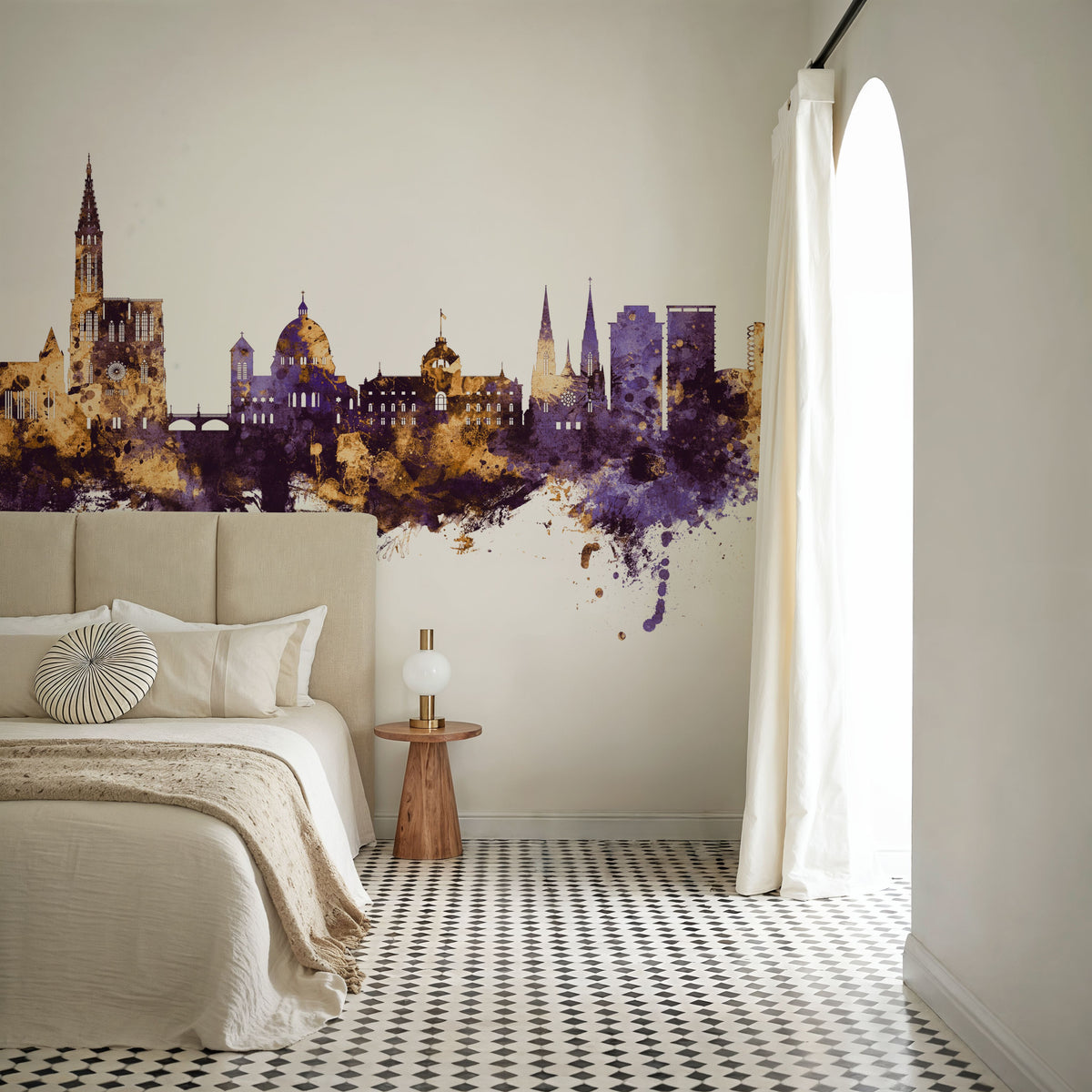 Strasbourg France Skyline Purple & Gold Mural Wallpaper - room preview 06