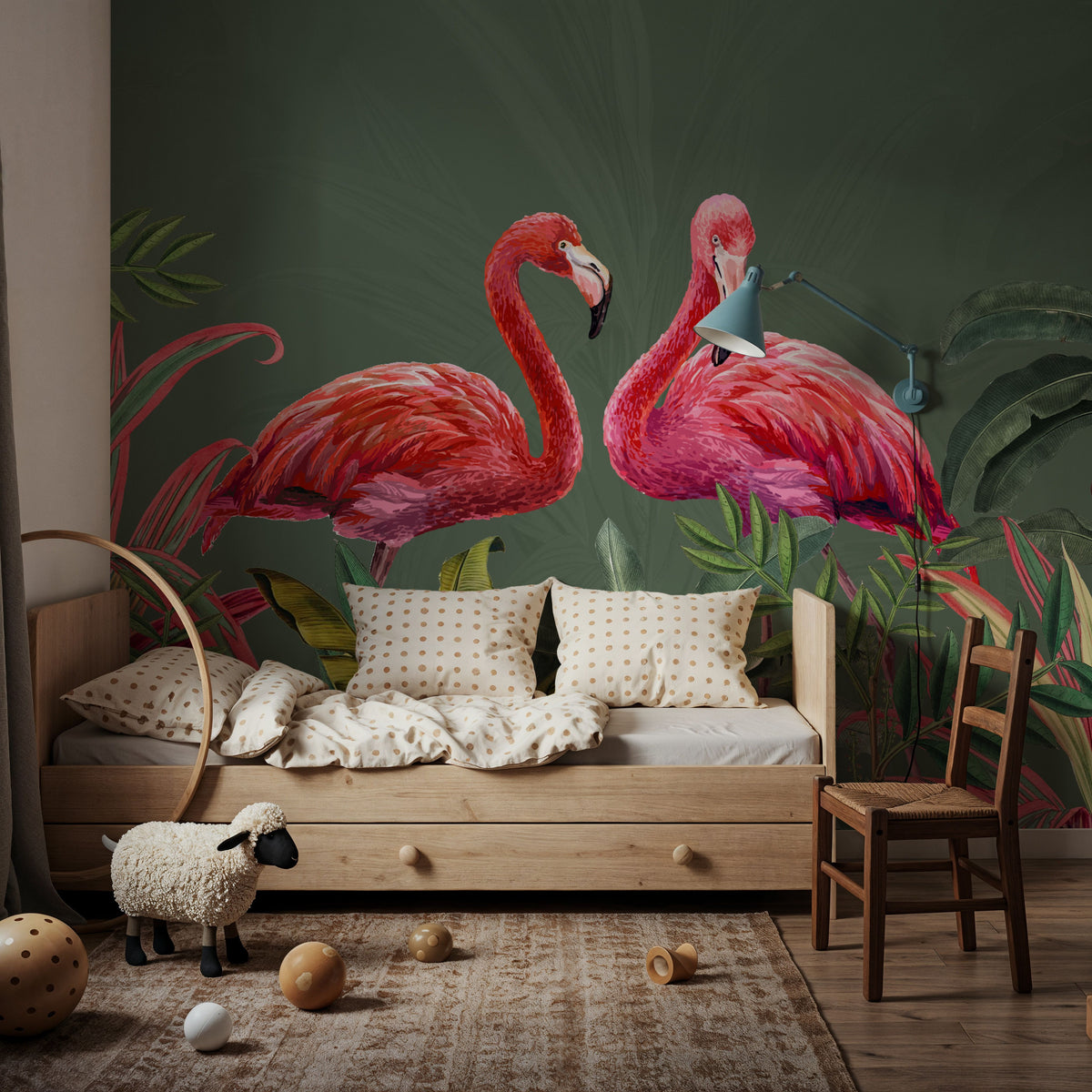 Shy Flamingos Green Mural Wallpaper - room preview 06