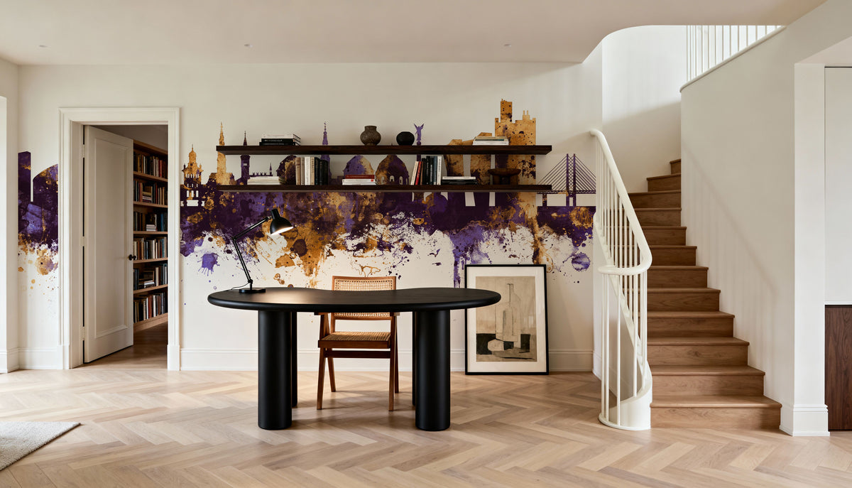 Copenhagen Skyline Purple & Gold Mural Wallpaper - room preview 06