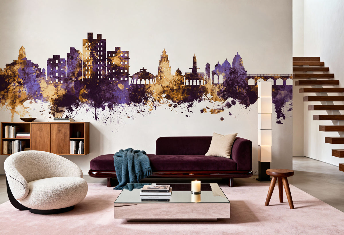 Nashik India Skyline Purple & Gold Mural Wallpaper - room preview 06