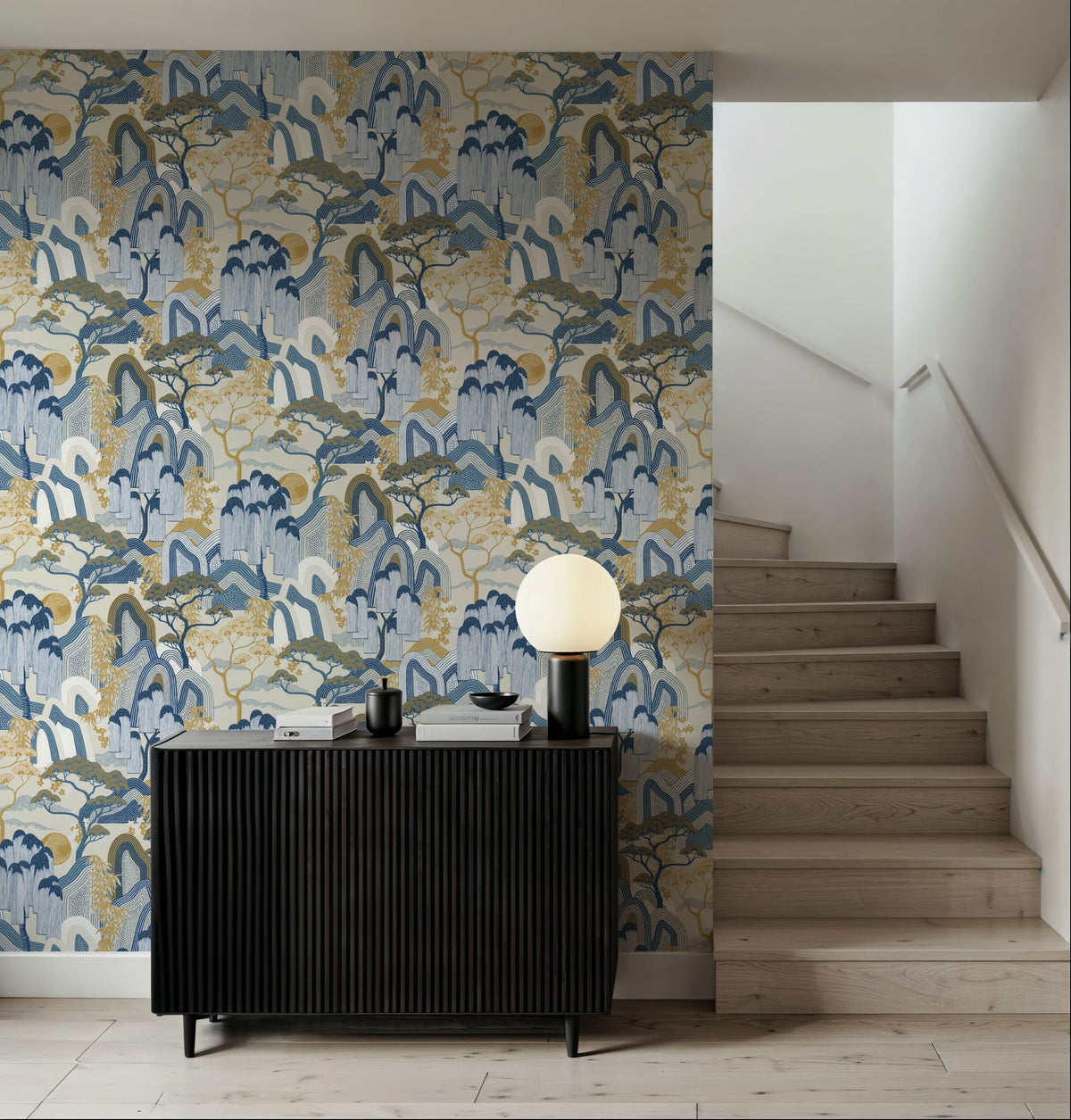 Whispers of the Mountain Pattern, White Mural Wallpaper - room preview 06