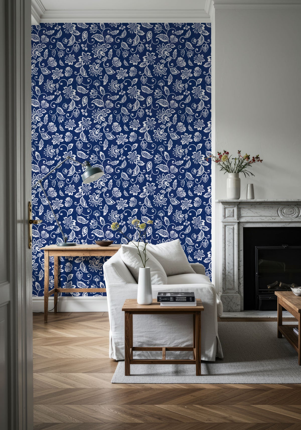 Sino Flowers Blue Mural Wallpaper - room preview 06