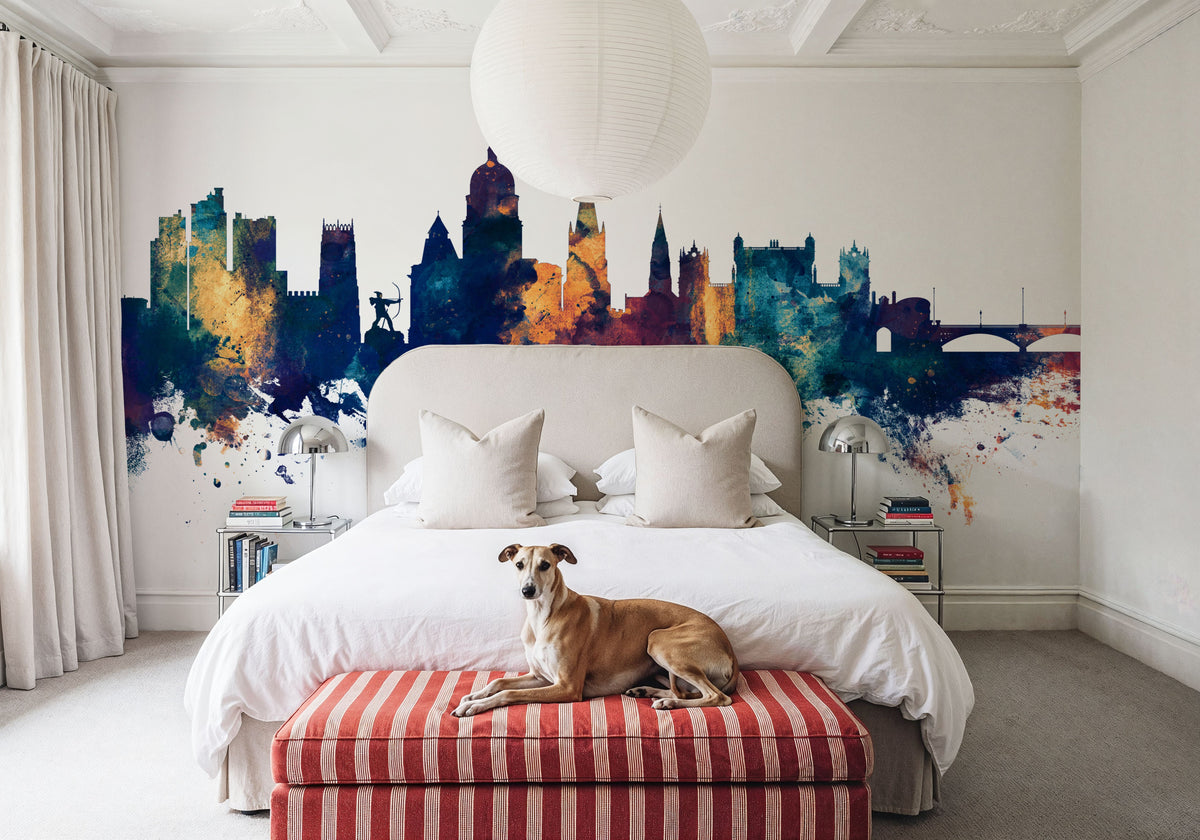 Nottingham England Skyline Blue & Bronze Mural Wallpaper - room preview 06