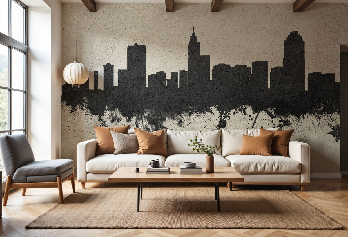 Raleigh North Carolina Skyline Concrete Mural Wallpaper - room preview 06