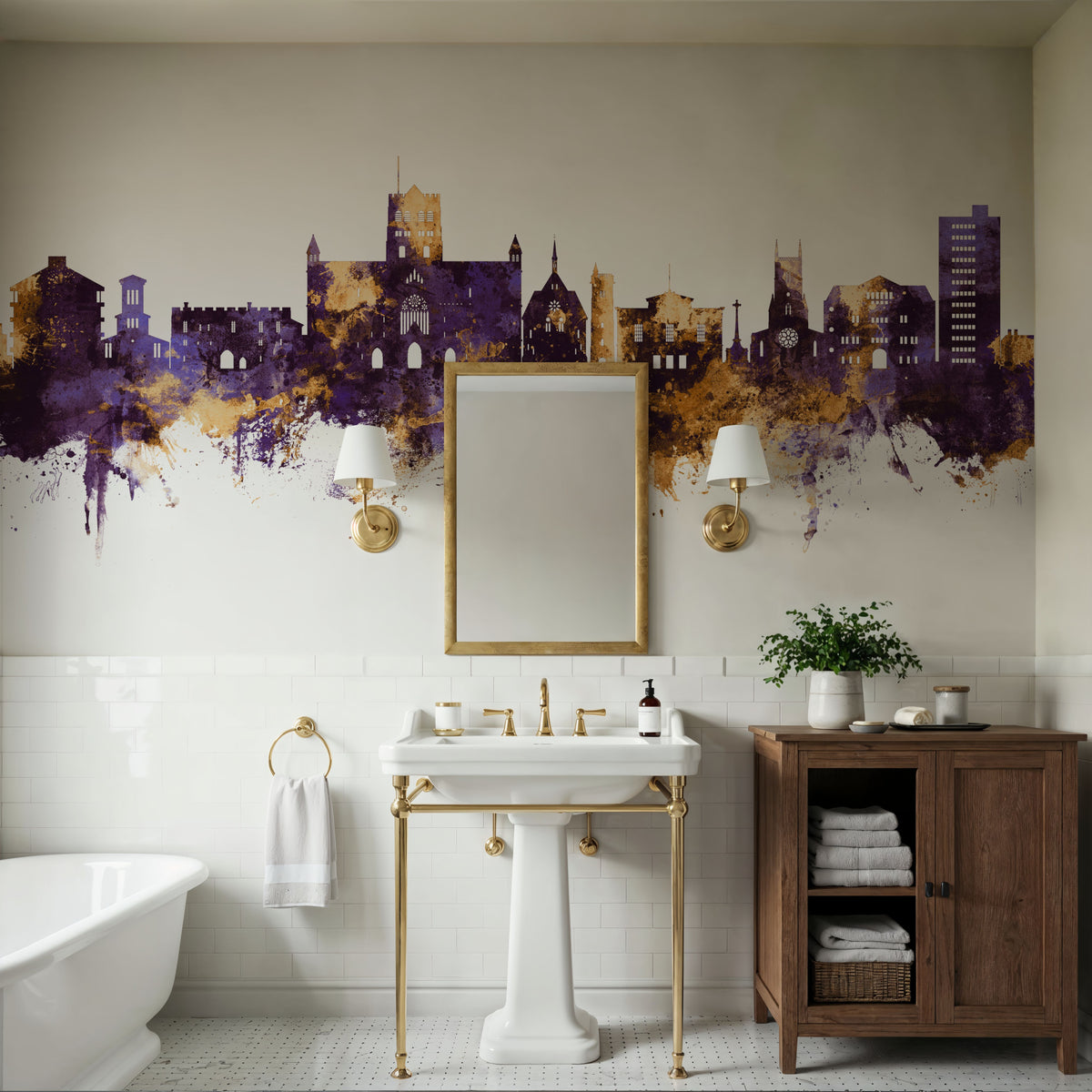 St Albans England Skyline Purple & Gold Mural Wallpaper - room preview 06