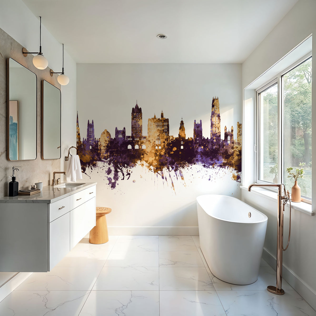 New Haven Connecticut Skyline Purlpe & Gold Mural Wallpaper - room preview 06