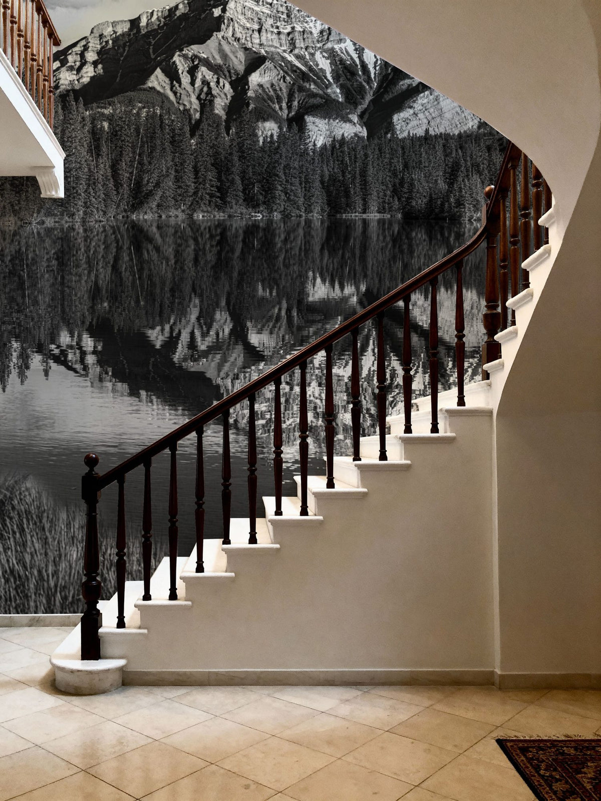 Cascade Mountain Reflection BW Mural Wallpaper - room preview 06