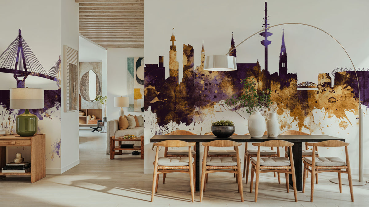 Hamburg Germany Skyline Purlpe & Gold Mural Wallpaper - room preview 06