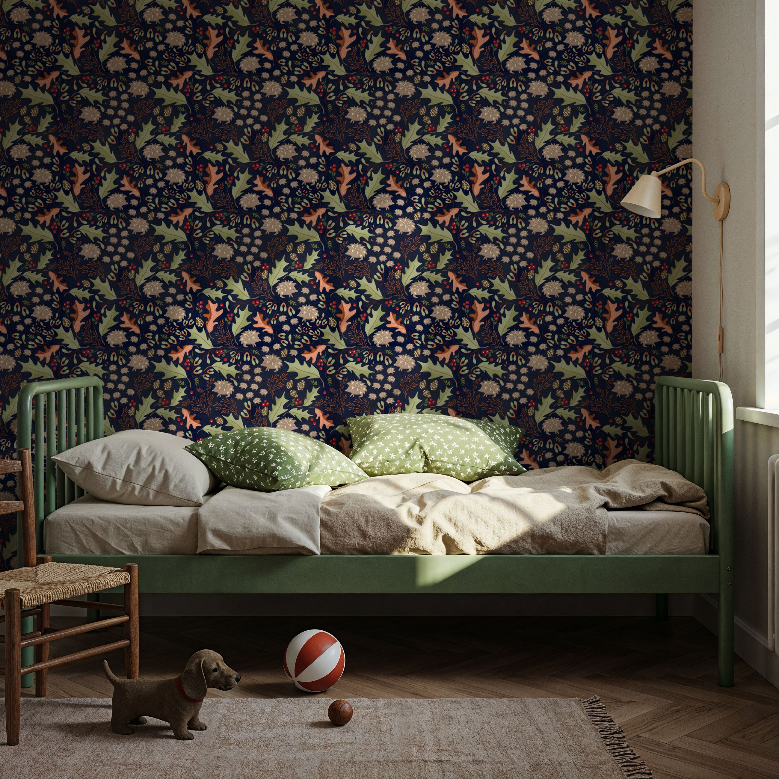 Autumn Hedgehogs, Navy Mural Wallpaper