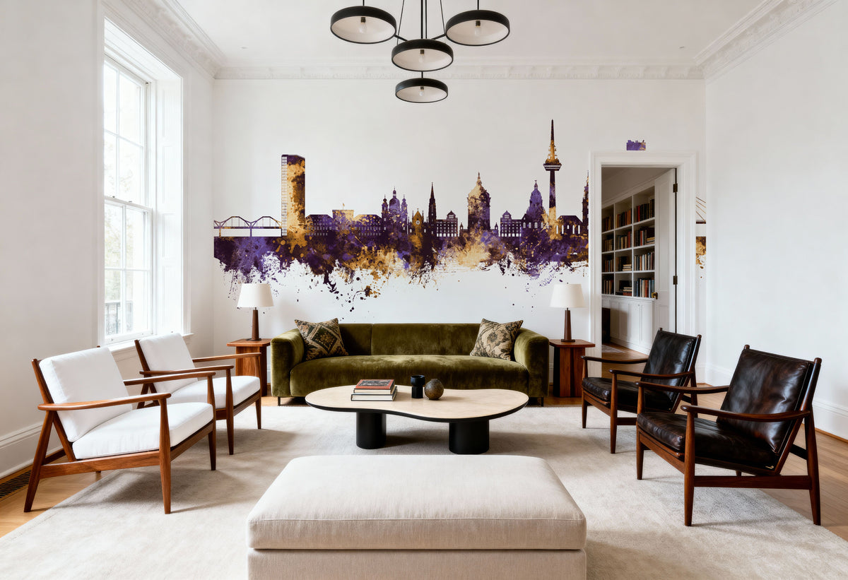 Mannheim Germany Skyline Purple & Gold Mural Wallpaper - room preview 06