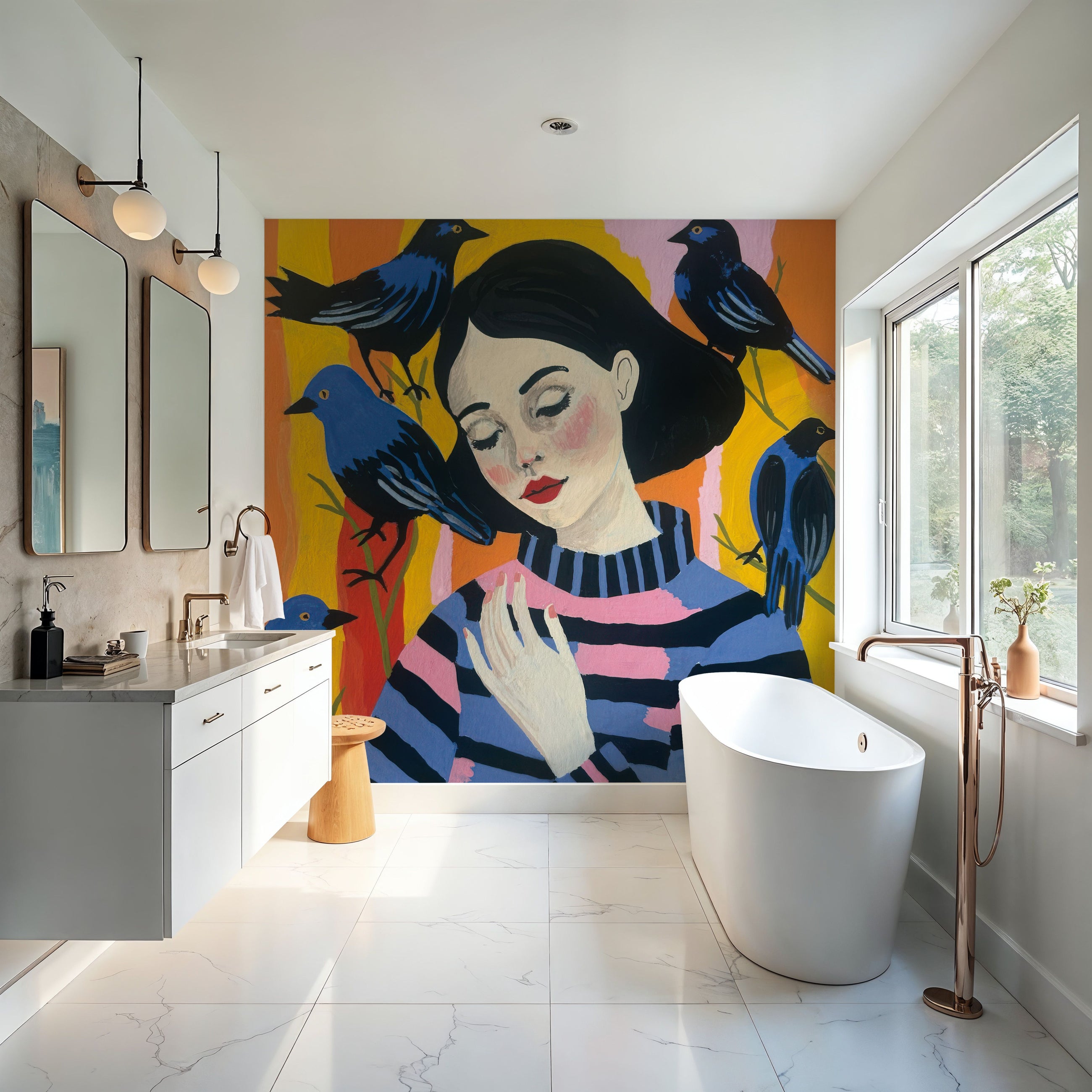 A Girl and Her Birds Mural Wallpaper