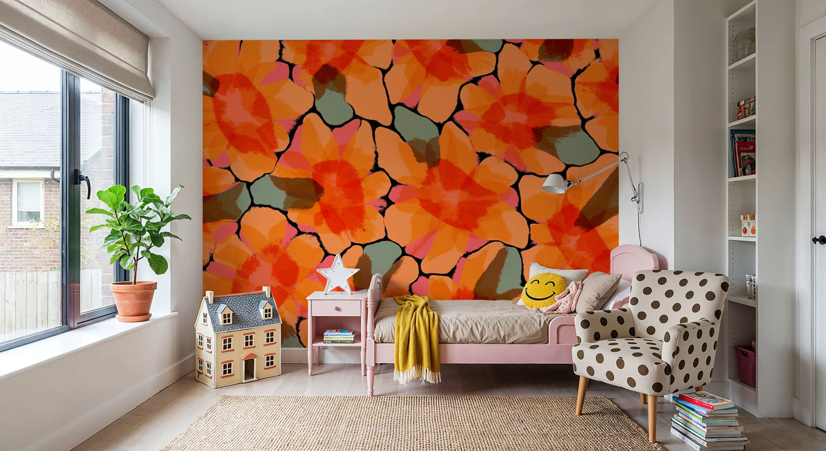 Orange Big Flowers Mural Wallpaper - room preview 06