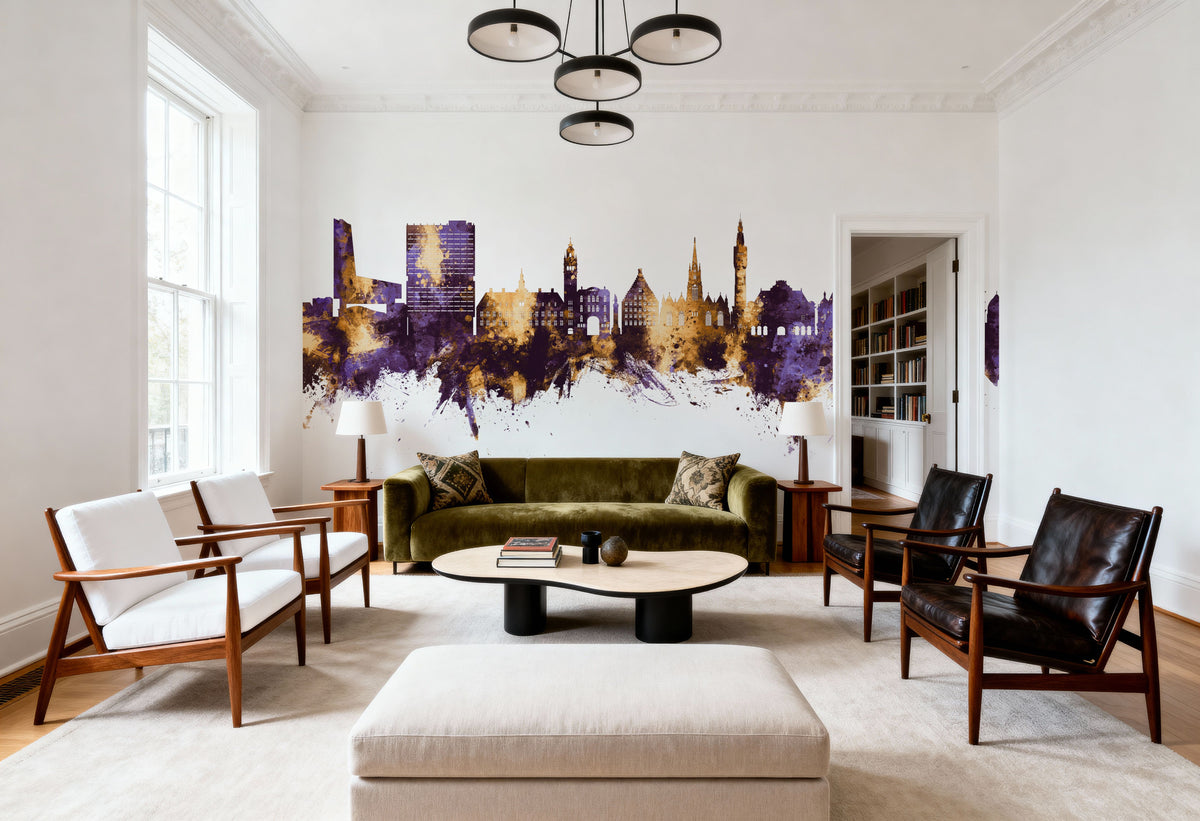 Lille France Skyline Purple & Gold Mural Wallpaper - room preview 06