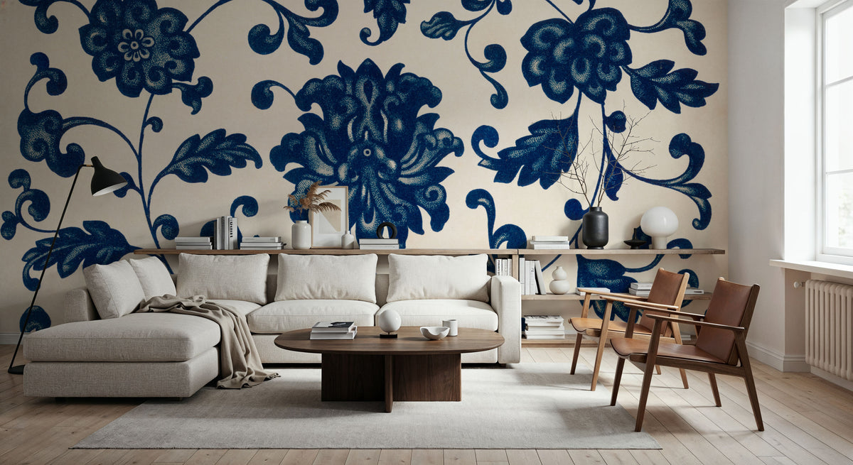 Chinese Ornament, Blue Flowers Mural Wallpaper - room preview 06