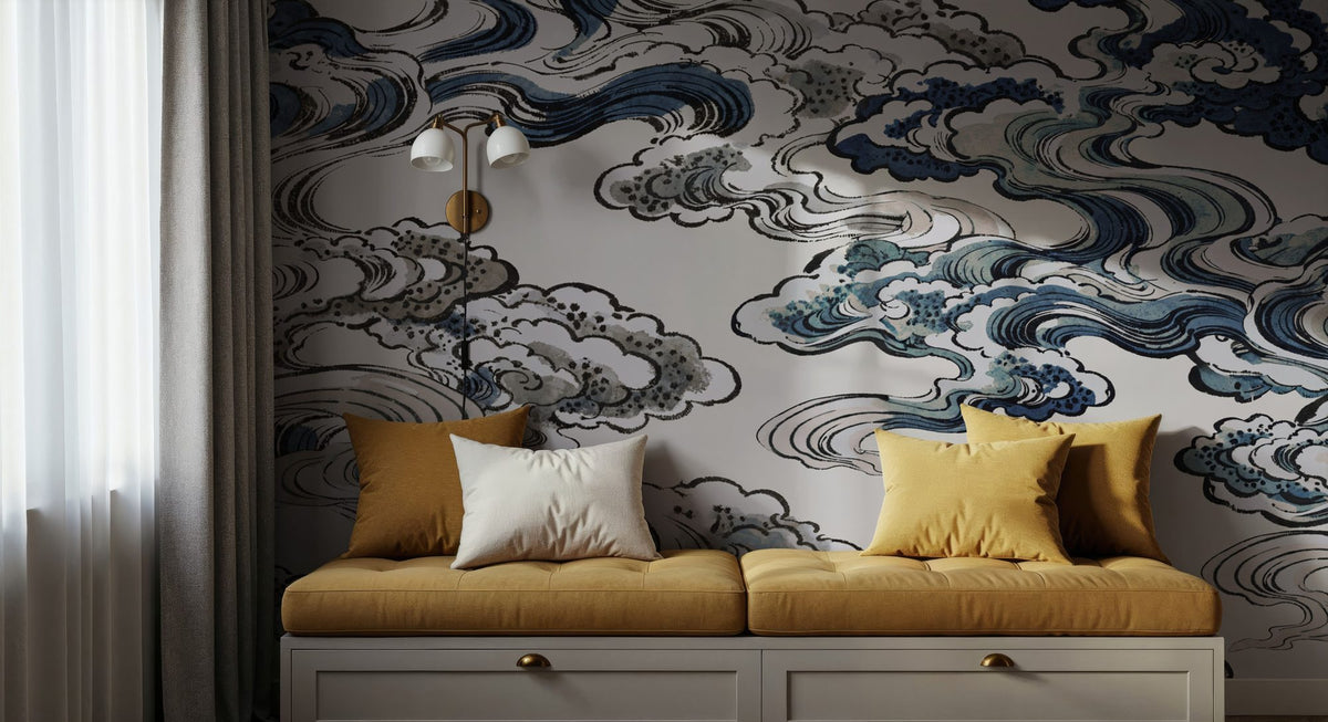 Ukiyo-e Clouds, Blues Mural Wallpaper - room preview 06