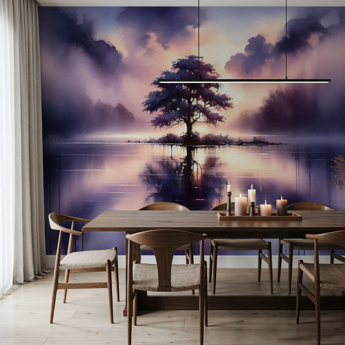 Whispers of Dawn on a Misty Lake Solitude Mural Wallpaper - room preview 06