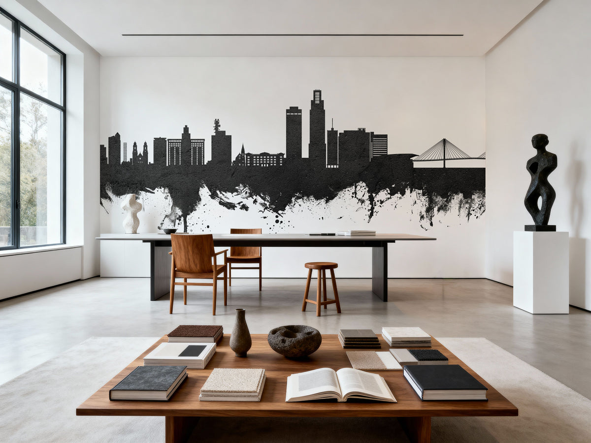 Omaha Nebraska Skyline Black & White Mural Wallpaper - room preview 06