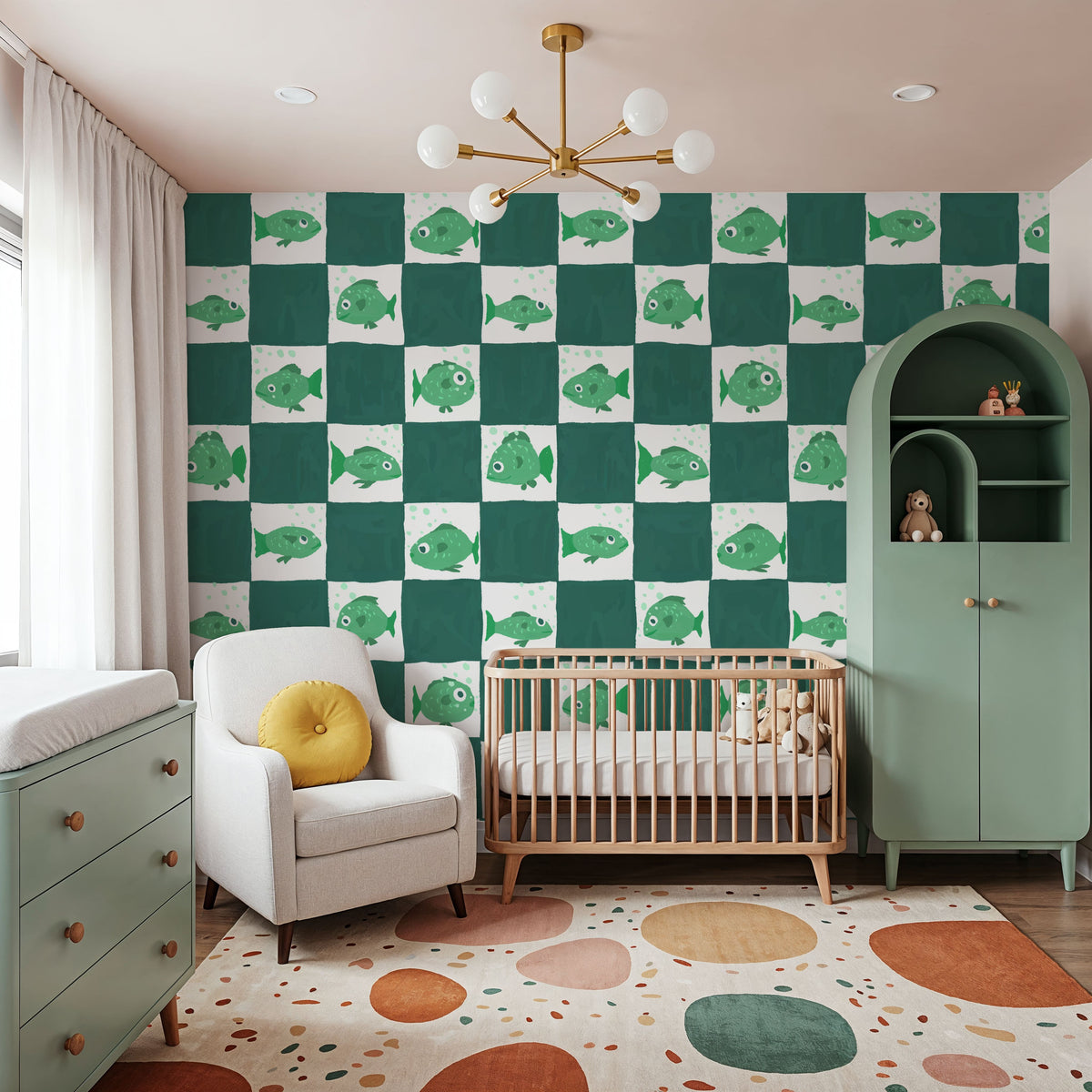 Fish Checkers, Green Mural Wallpaper - room preview 06