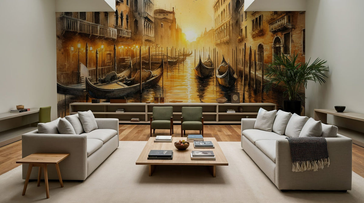 Sunset Over Venetian Canals with Gondolas Mural Wallpaper - room preview 06
