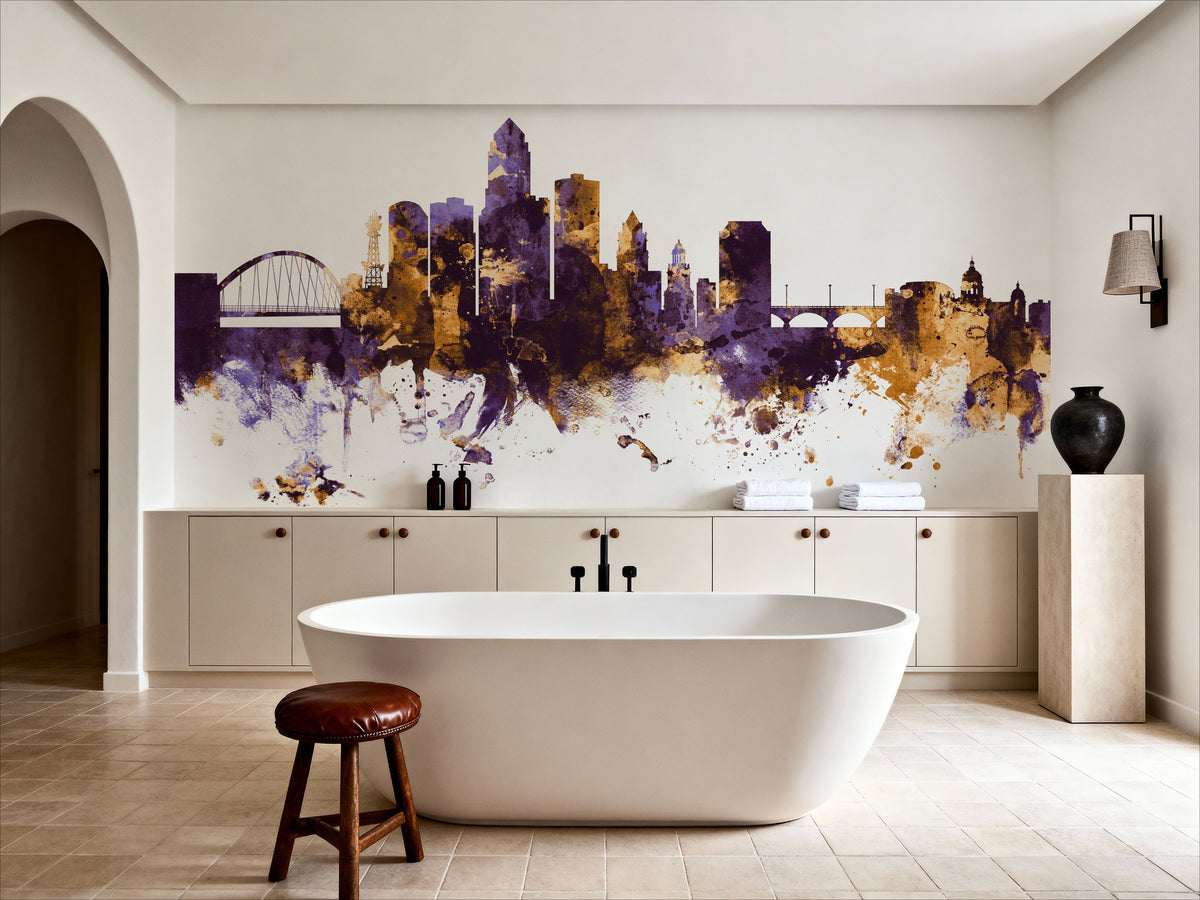 Des Moines Iowa Skyline Purple & Gold Mural Wallpaper - room preview 06