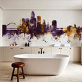 Des Moines Iowa Skyline Purple & Gold Mural Wallpaper - room preview 06