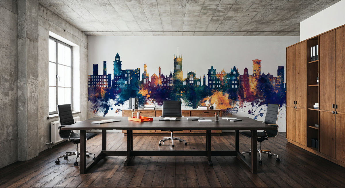 Wigan England Skyline Blue & Bronze Mural Wallpaper - room preview 06