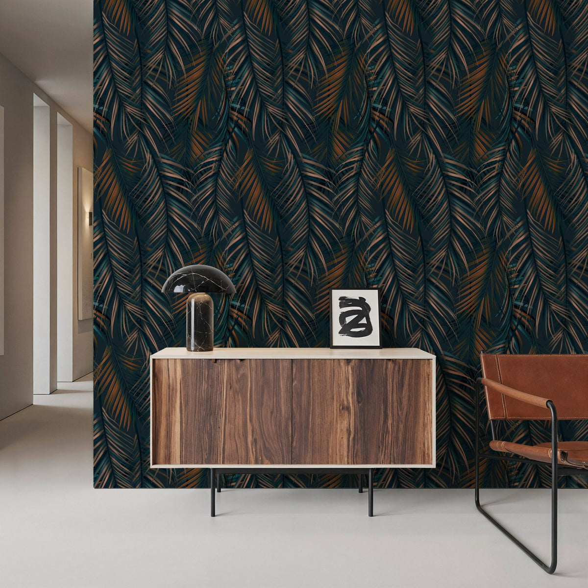 Swaying Palm Leaves, Teal Mural Wallpaper - room preview 06