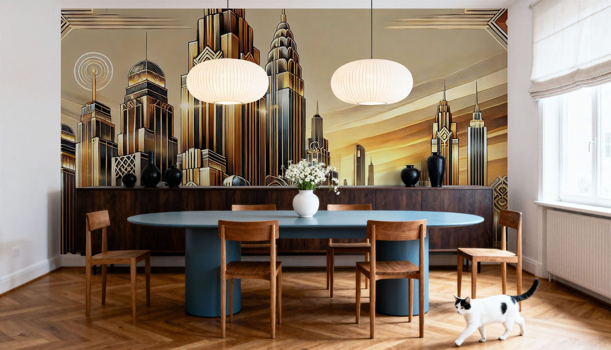 Golden City Skyline At Sunset in Art Deco Mural Wallpaper - room preview 06