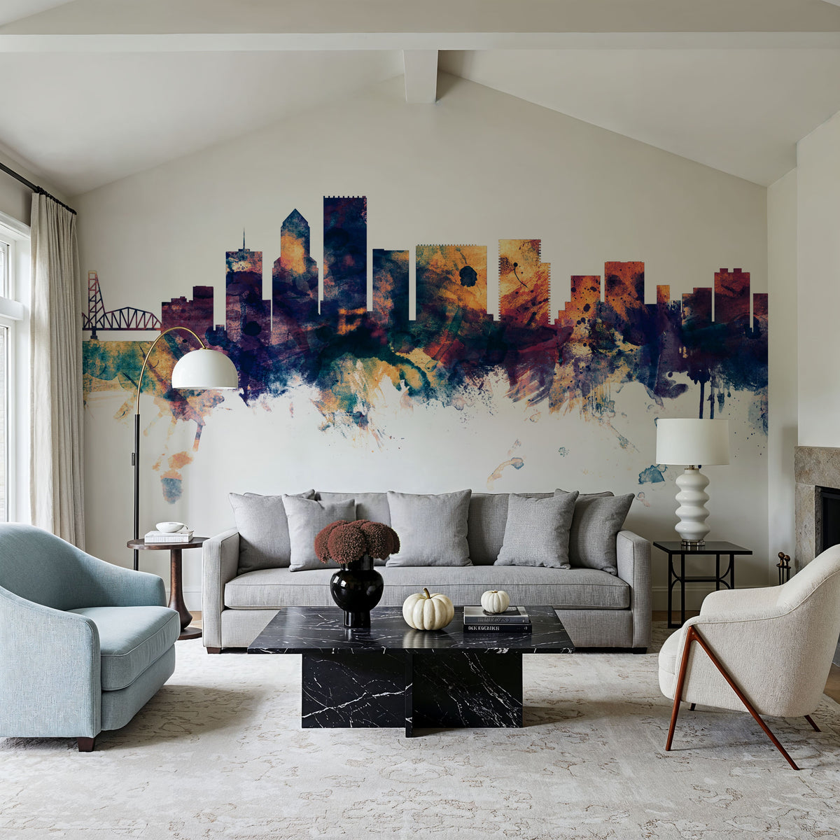 Portland Oregon Skyline Blue & Bronze Mural Wallpaper - room preview 06