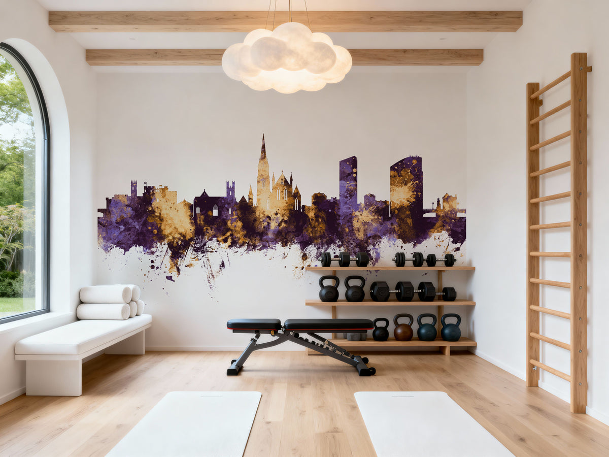 Limerick Ireland Skyline Purple & Gold Mural Wallpaper - room preview 06