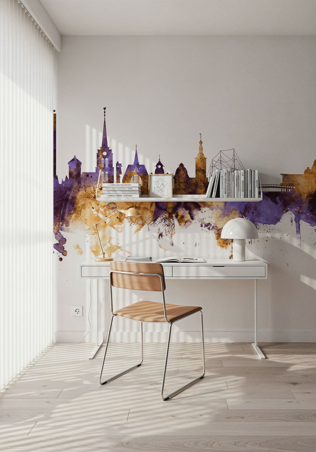 Halmstad Sweden Skyline Purple & Gold Mural Wallpaper - room preview 06