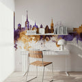 Halmstad Sweden Skyline Purple & Gold Mural Wallpaper - room preview 06