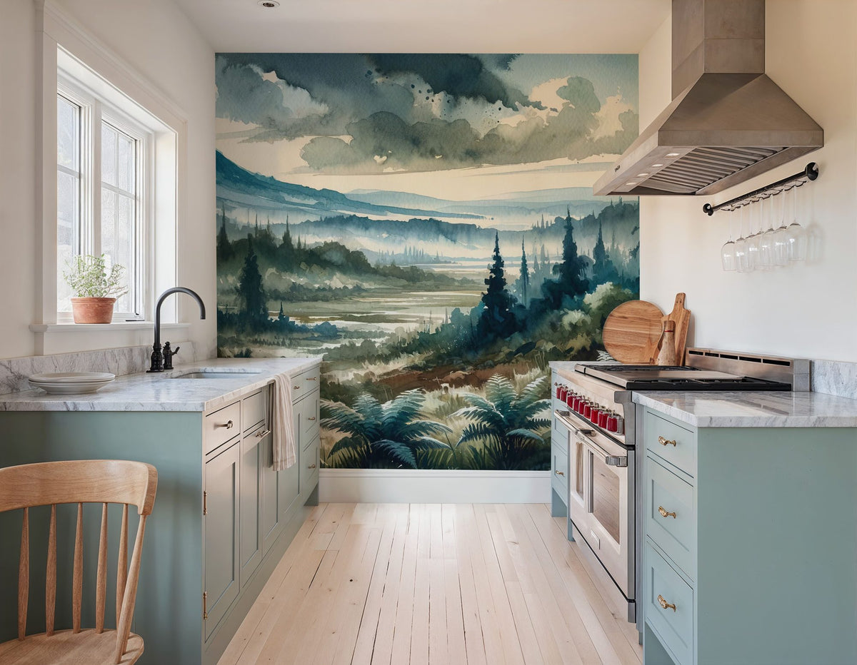 Misty Mountain Valley Landscape Mural Wallpaper - room preview 06