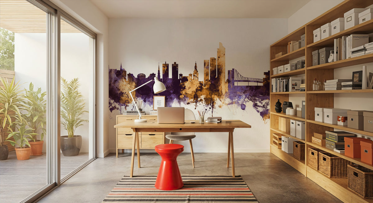Oslo Skyline Purple & Gold Mural Wallpaper - room preview 06