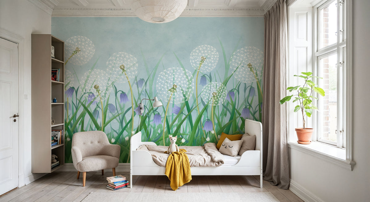 Dandelion Meadow, Blue Mural Wallpaper - room preview 06
