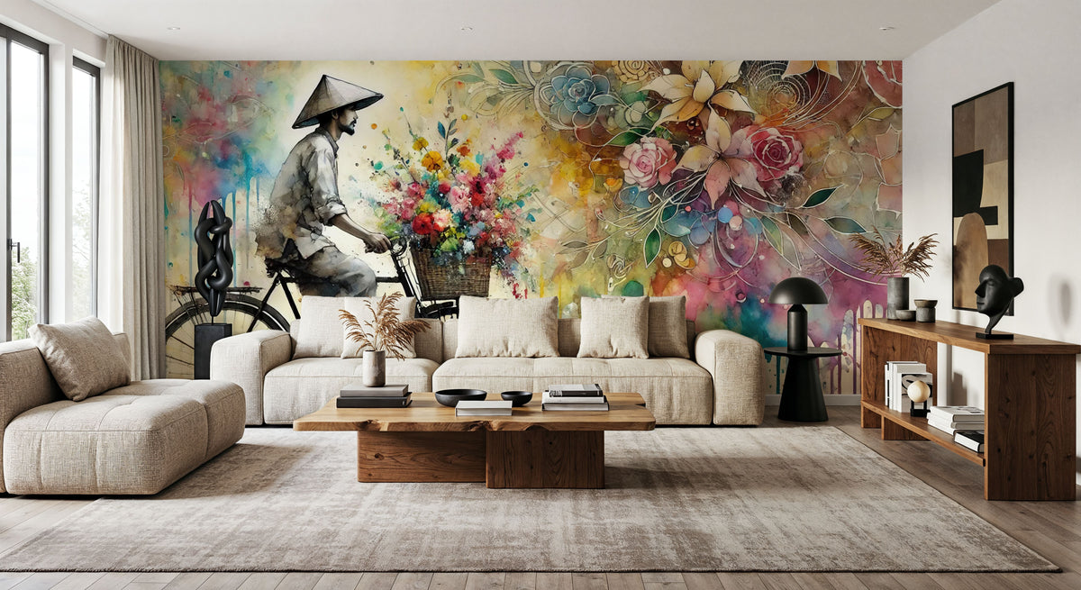 Vibrant Floral Cyclist Mural Wallpaper - room preview 06