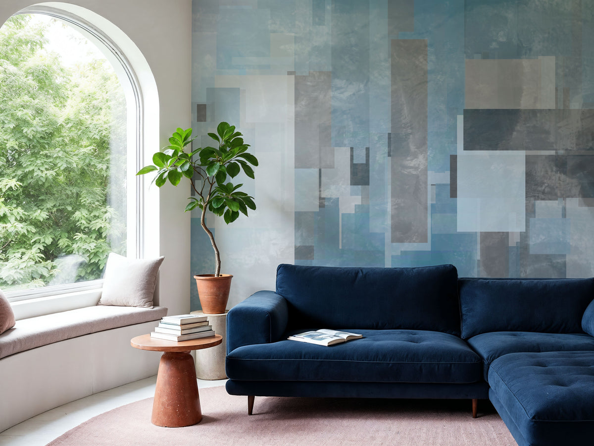 Geometric Abstract Blue Mural Wallpaper - room preview 06